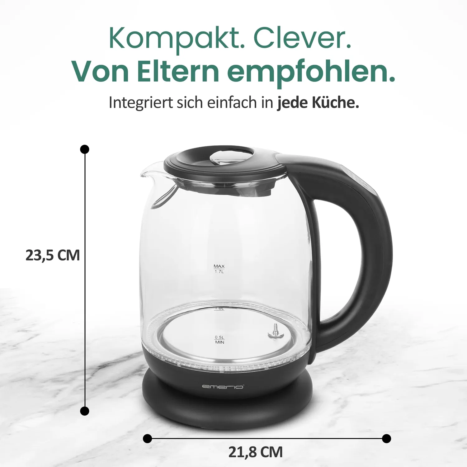 Emerio WK-119255.5 Wasserkocher Glas 1,7L mit Temperaturwahl