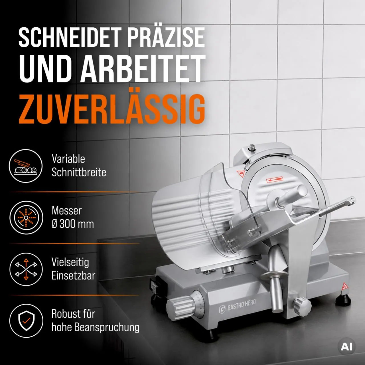 GastroHero ASM300 Aufschnittmaschine 300 mm Aluminium