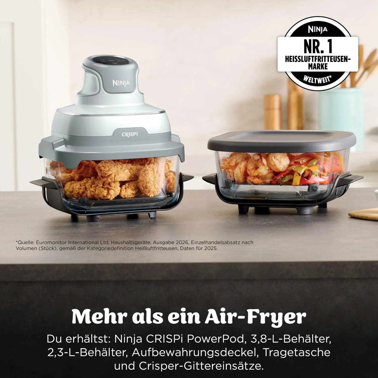 Ninja CRISPi FN202EU Heißluftfritteuse Set Weiß 3,8 L Glas