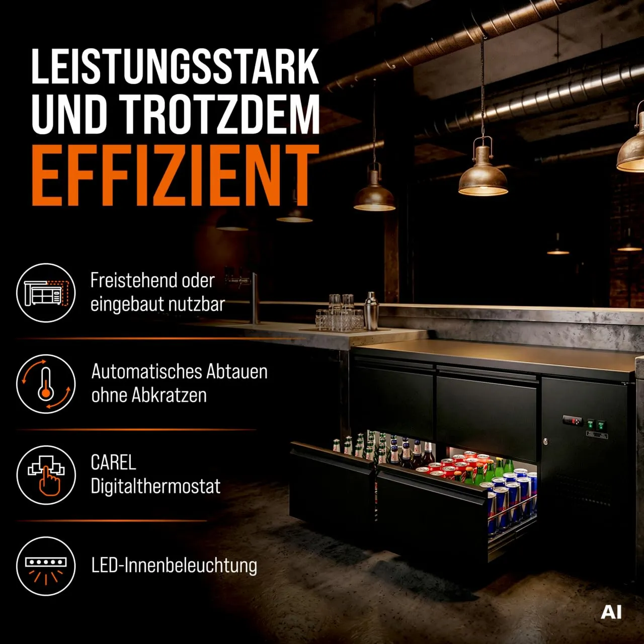 GastroHero BKT-ECO0/4 Barkühltisch 332L schwarz 4 Schubladen