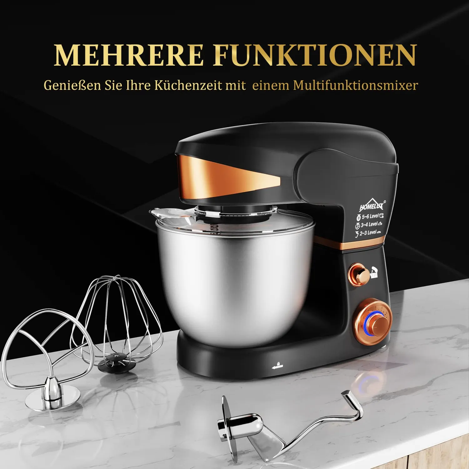 Homelux SC-206 Küchenmaschine Schwarz-Gold 5 l 2000 W