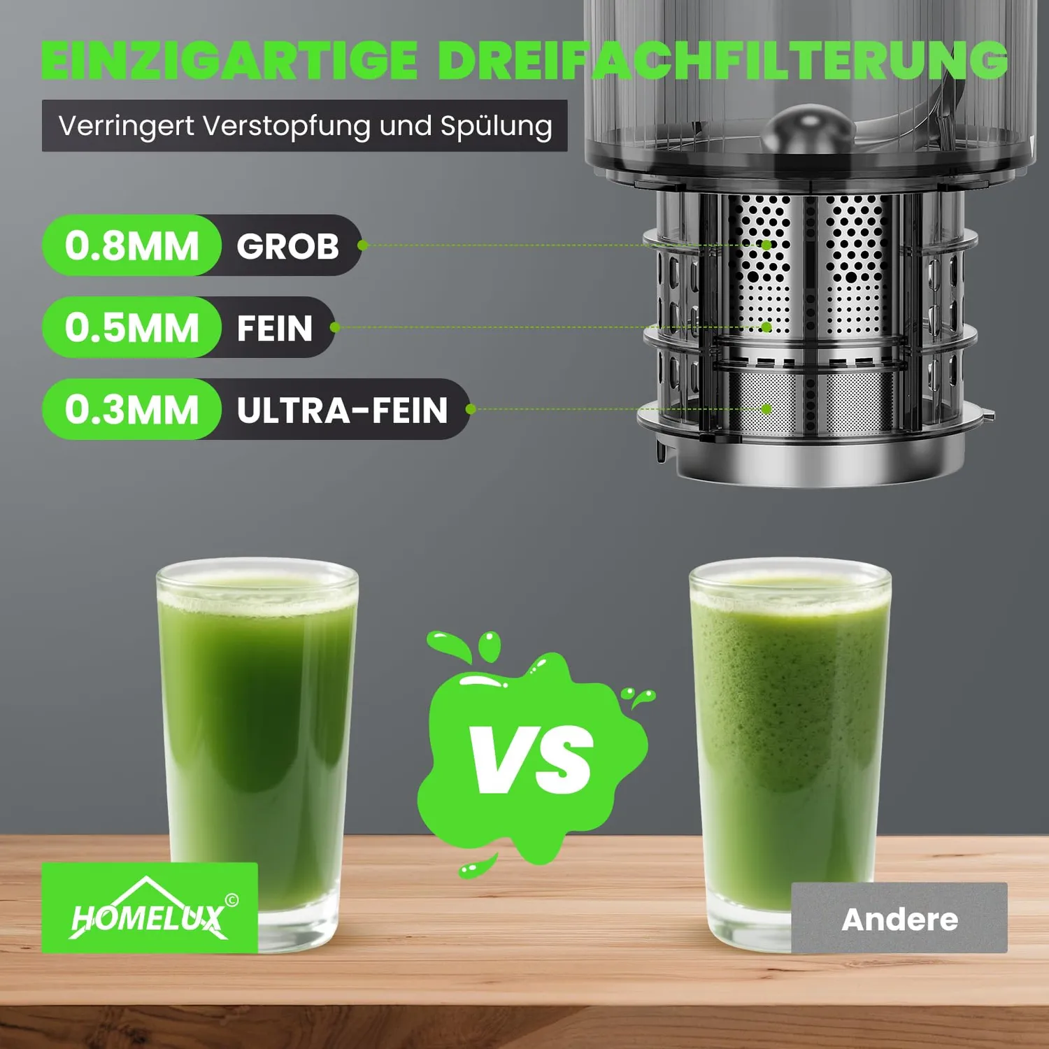 HOMELUX Slow Juicer 220W Entsafter Silber 126 mm kaltpressend