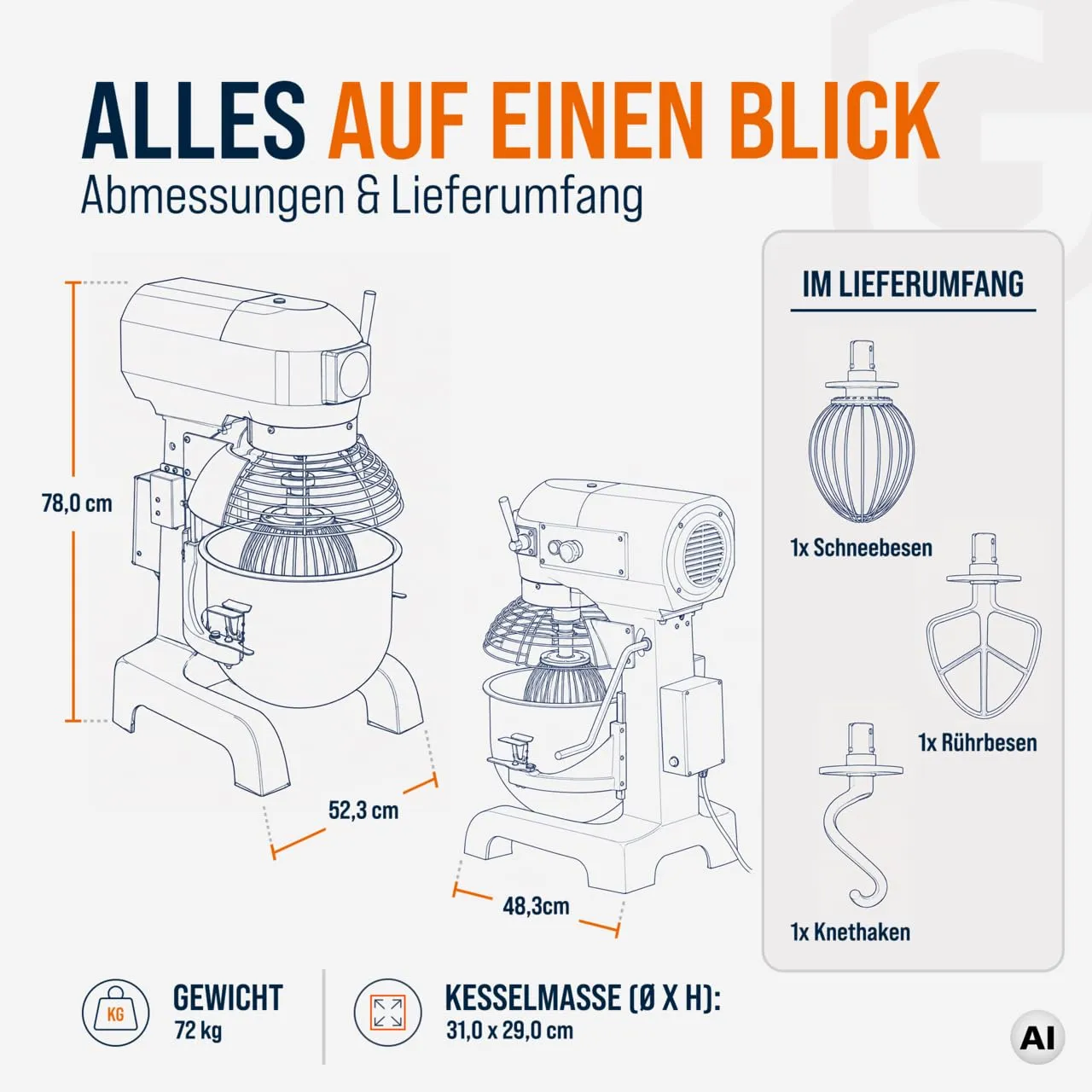 GastroHero Planetenrührwerk 20L Teigknetmaschine 0,75 kW