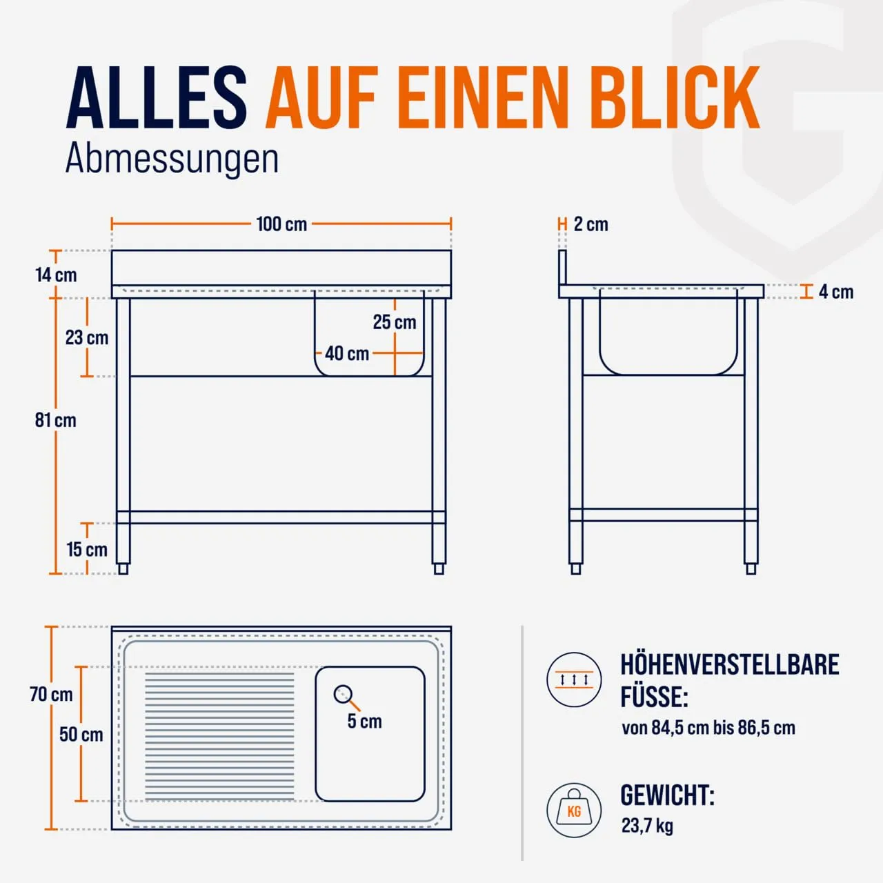 GastroHero SPT-BASIC10X7R Spültisch 100x70 cm Becken rechts