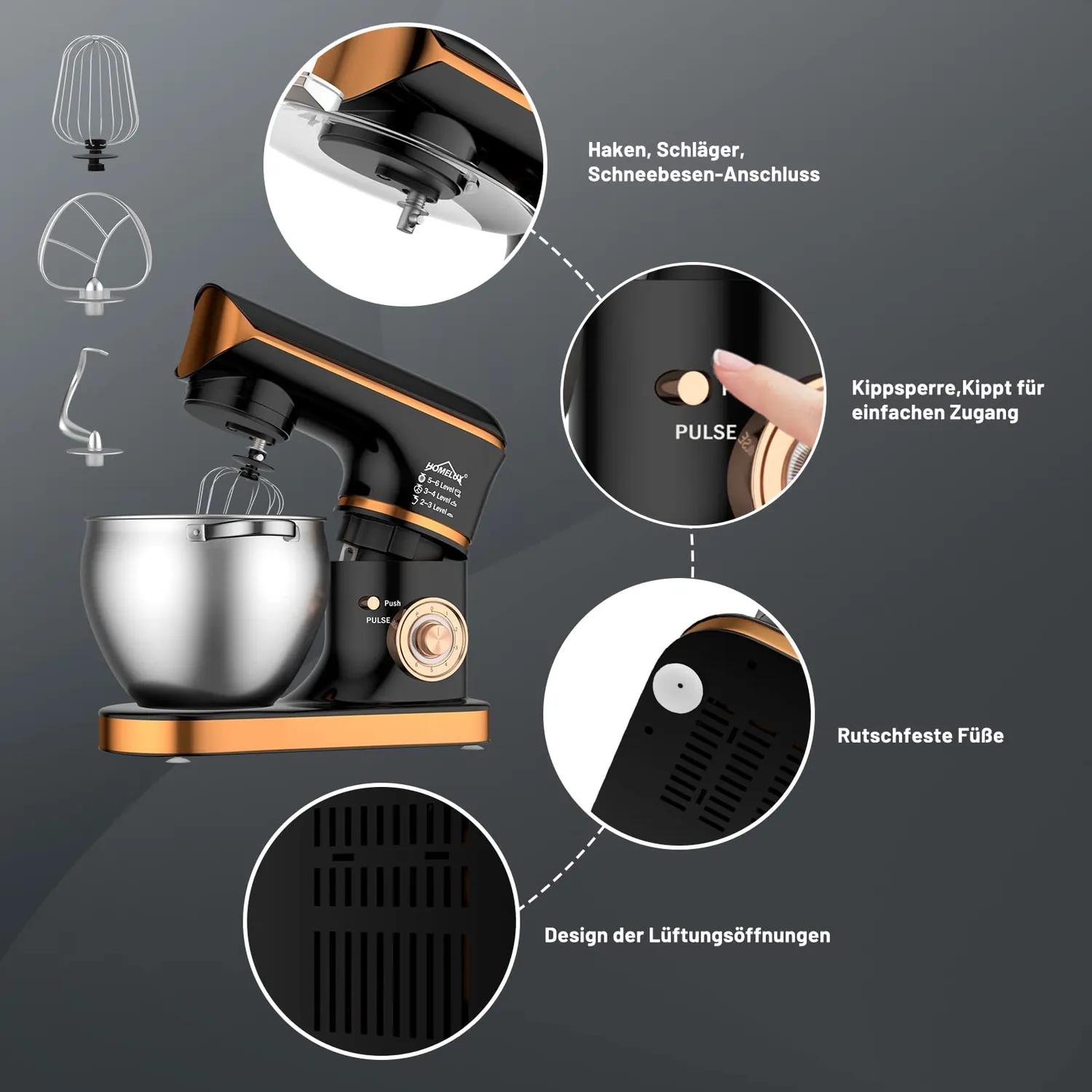 HOMELUX Küchenmaschine 626 Black 8,5L 2000W 6-stufig