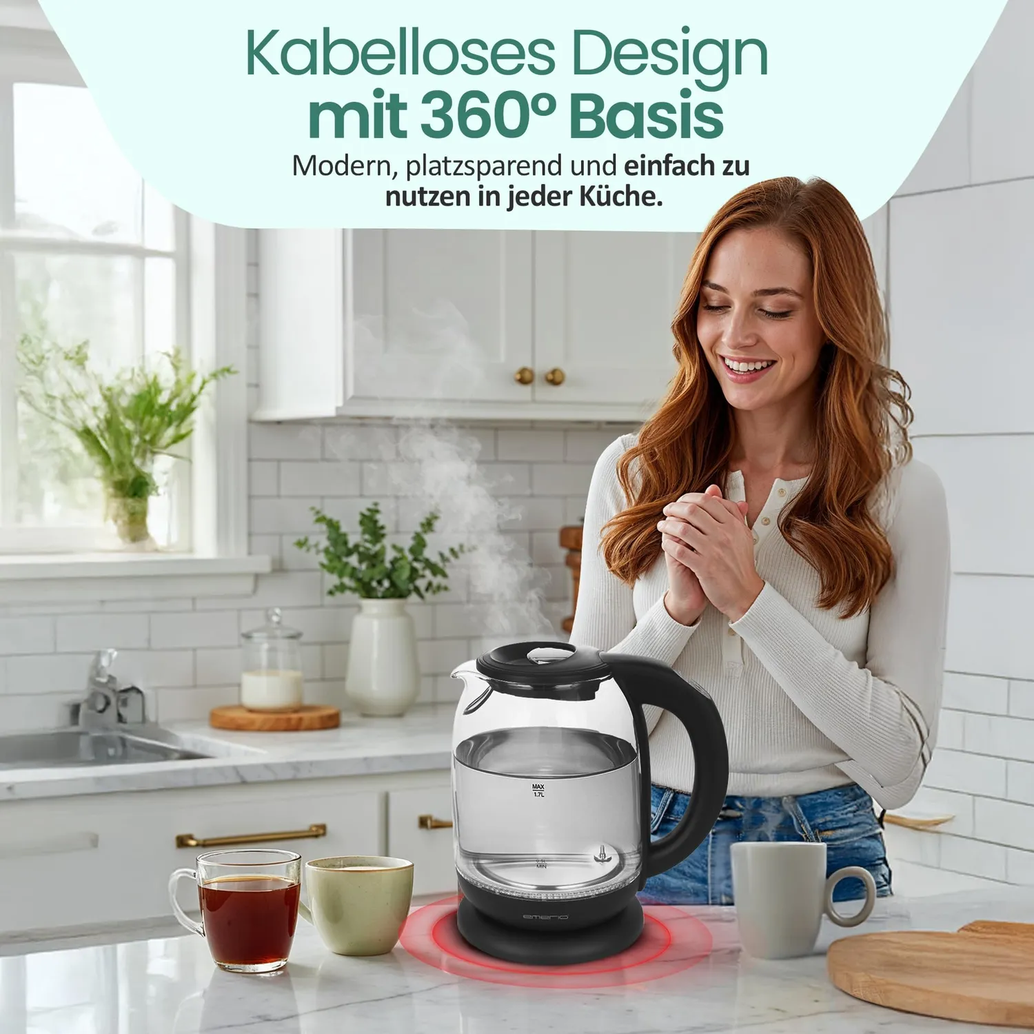 Emerio WK-119255.5 Wasserkocher Glas 1,7L mit Temperaturwahl