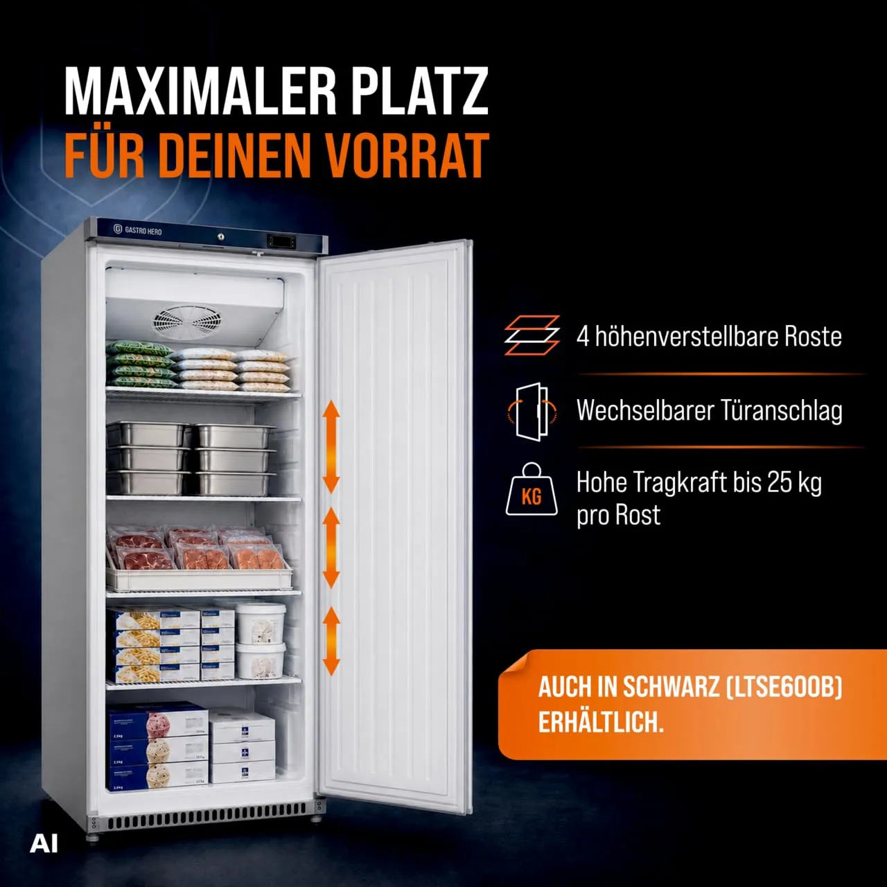 GastroHero LTSE600 Lagertiefkühlschrank 562 L weiß -23°C