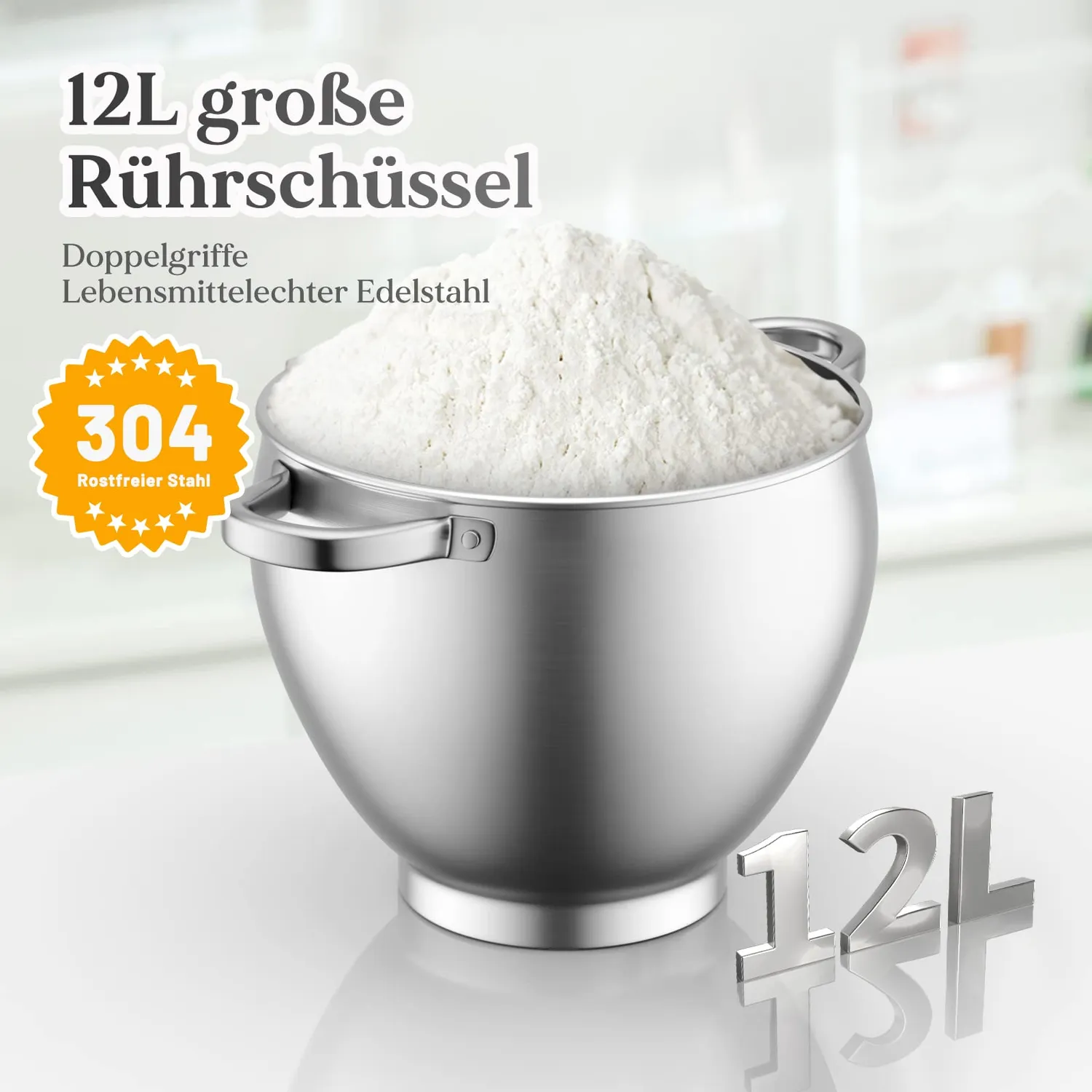 HOMELUX Küchenmaschine 2500W 12 L Edelstahl 6-stufig