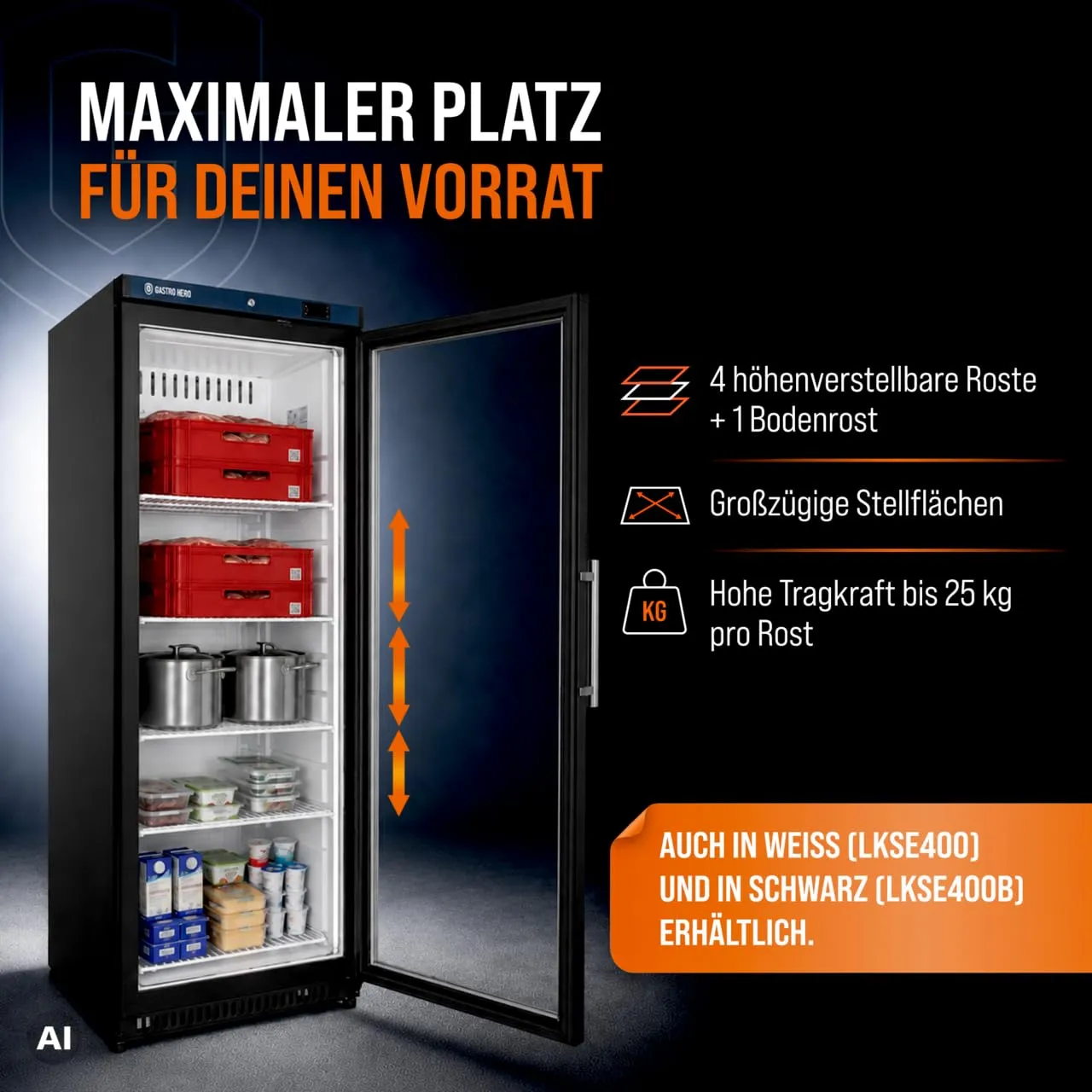 GastroHero ECO LKSE400BG Lagerkühlschrank 336 L Glastür