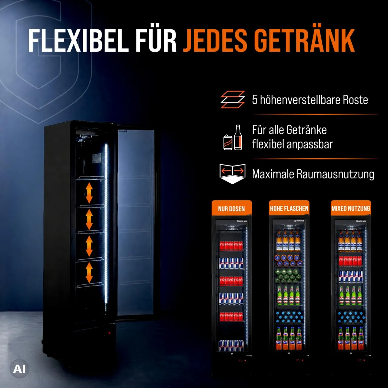 GastroHero GKS-160 Getränkekühlschrank 160L Schwarz Glastür