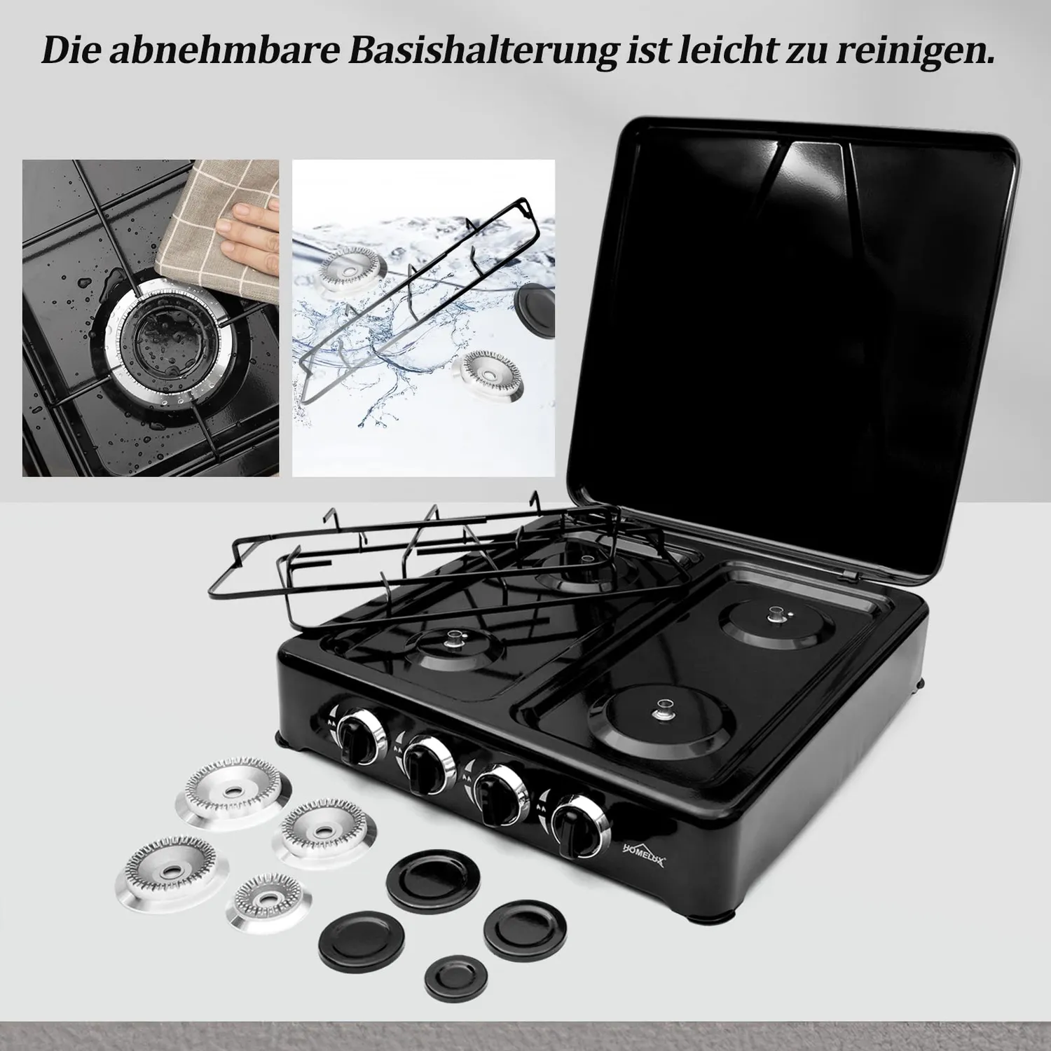 HOMELUX 6,2 kW Gaskocher 4-flammig Schwarz mit Deckel