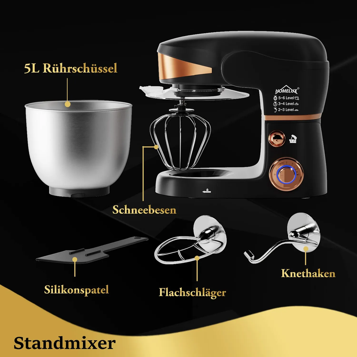 Homelux SC-206 Küchenmaschine Schwarz-Gold 5 l 2000 W