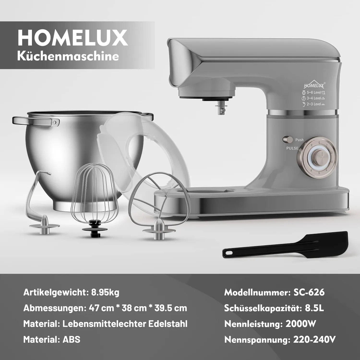 Homelux 626 Silver Küchenmaschine 10 L 2000 W