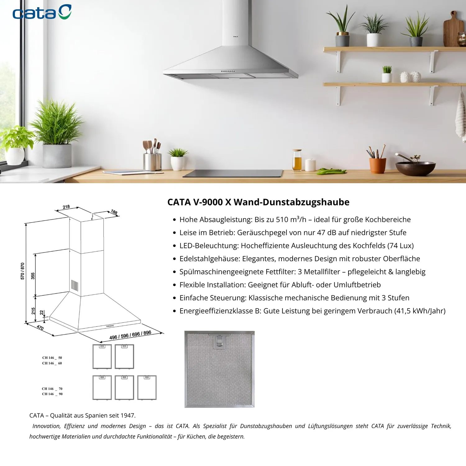Cata V 9000 X Dunstabzugshaube 90 cm Edelstahl B
