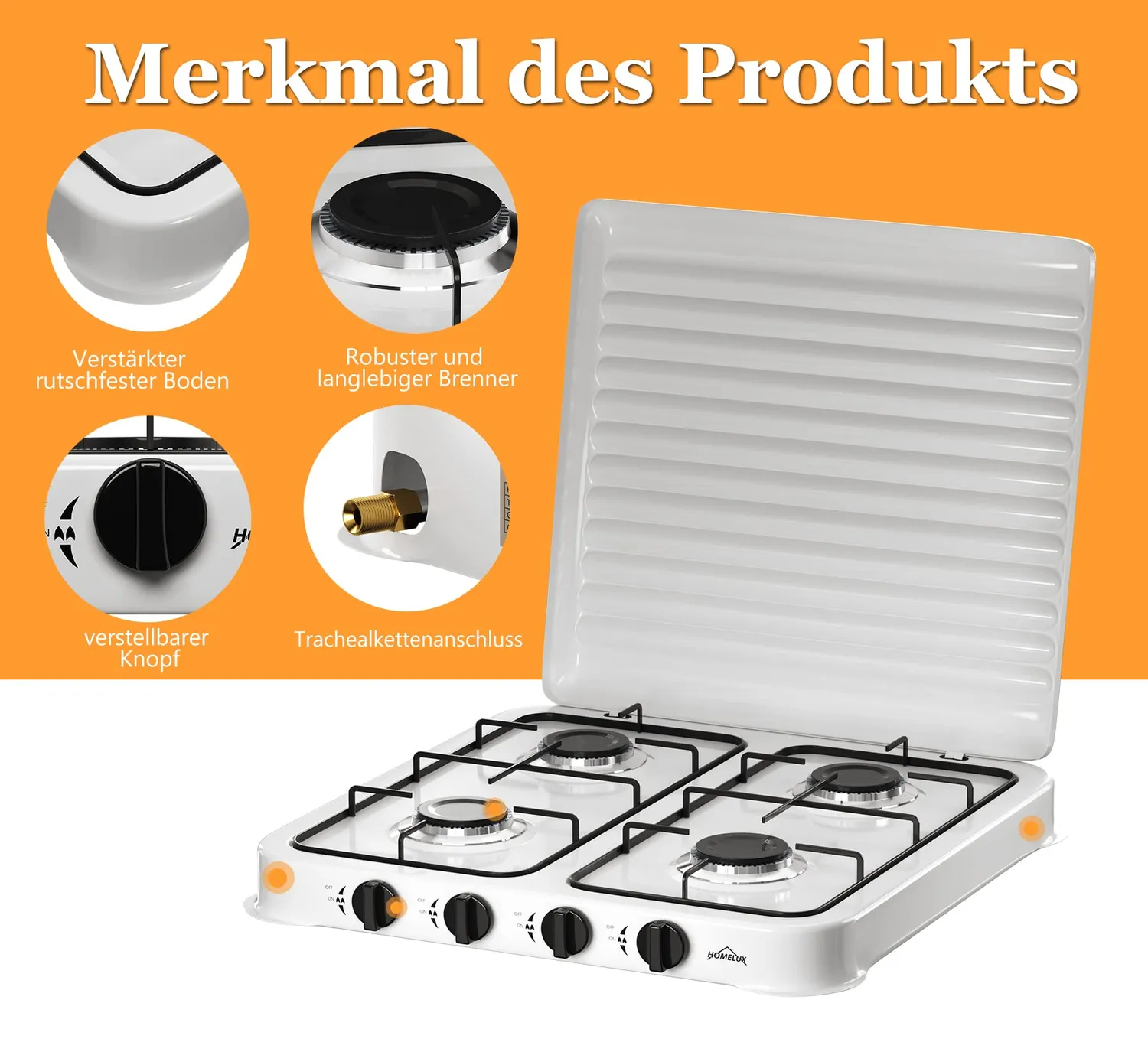 HOMELUX Campingkocher 4-flammig Gaskocher 6,2kW weiß mit Schlauch