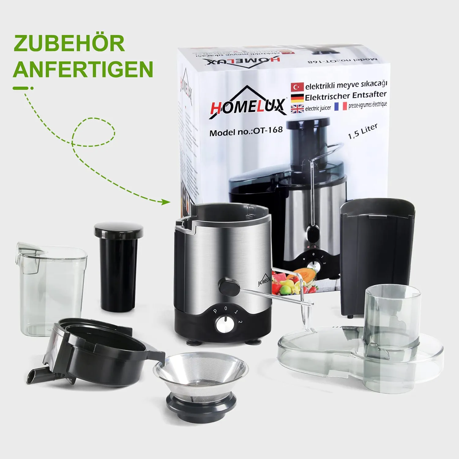 HOMELUX Entsafter 800W Edelstahl 73mm 2 Stufen
