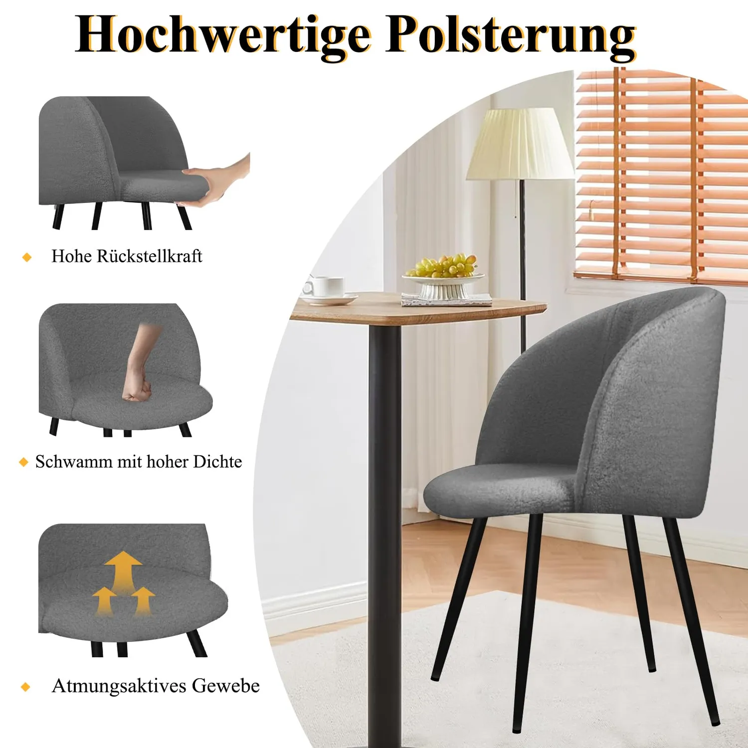 HOMELUX Teddy Esszimmerstuhl 4er Set Grau mit Armlehne