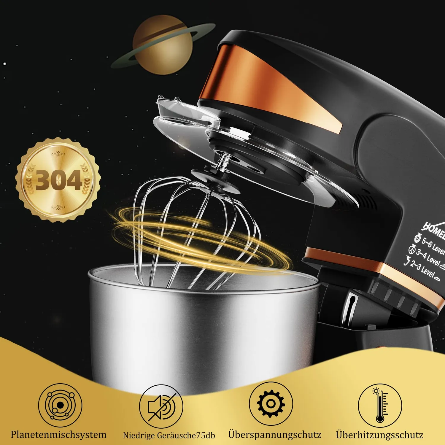 Homelux SC-206 Küchenmaschine Schwarz-Gold 5 l 2000 W