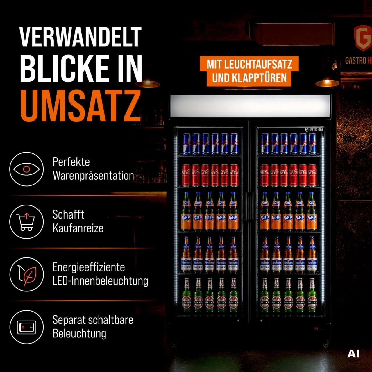 GastroHero SC-630FH Getränkekühlschrank 630 L Klapptüren