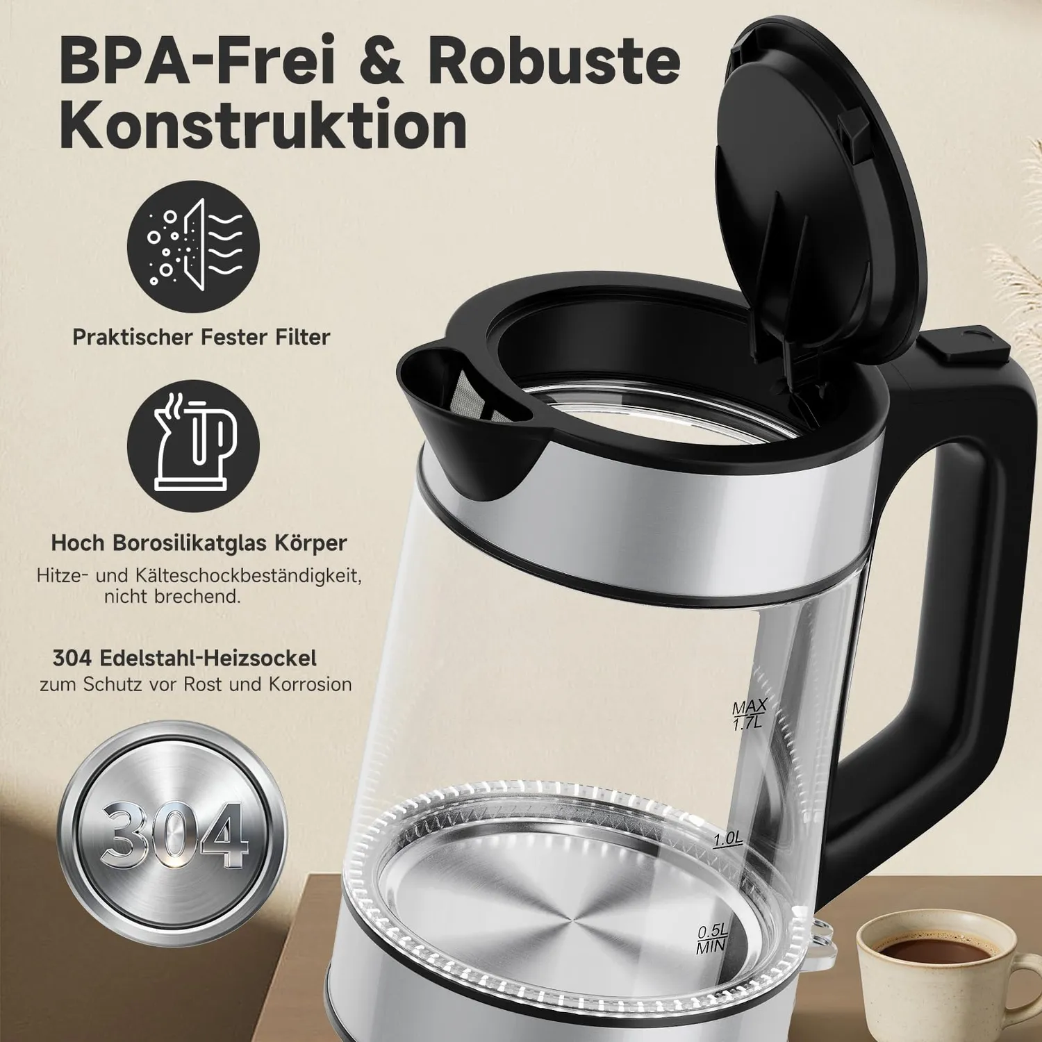 HOMELUX Wasserkocher Glas 1,7L mit LED-Beleuchtung