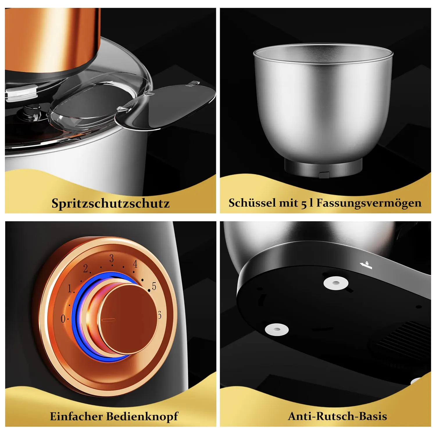 Homelux SC-206 Küchenmaschine Schwarz-Gold 5 l 2000 W