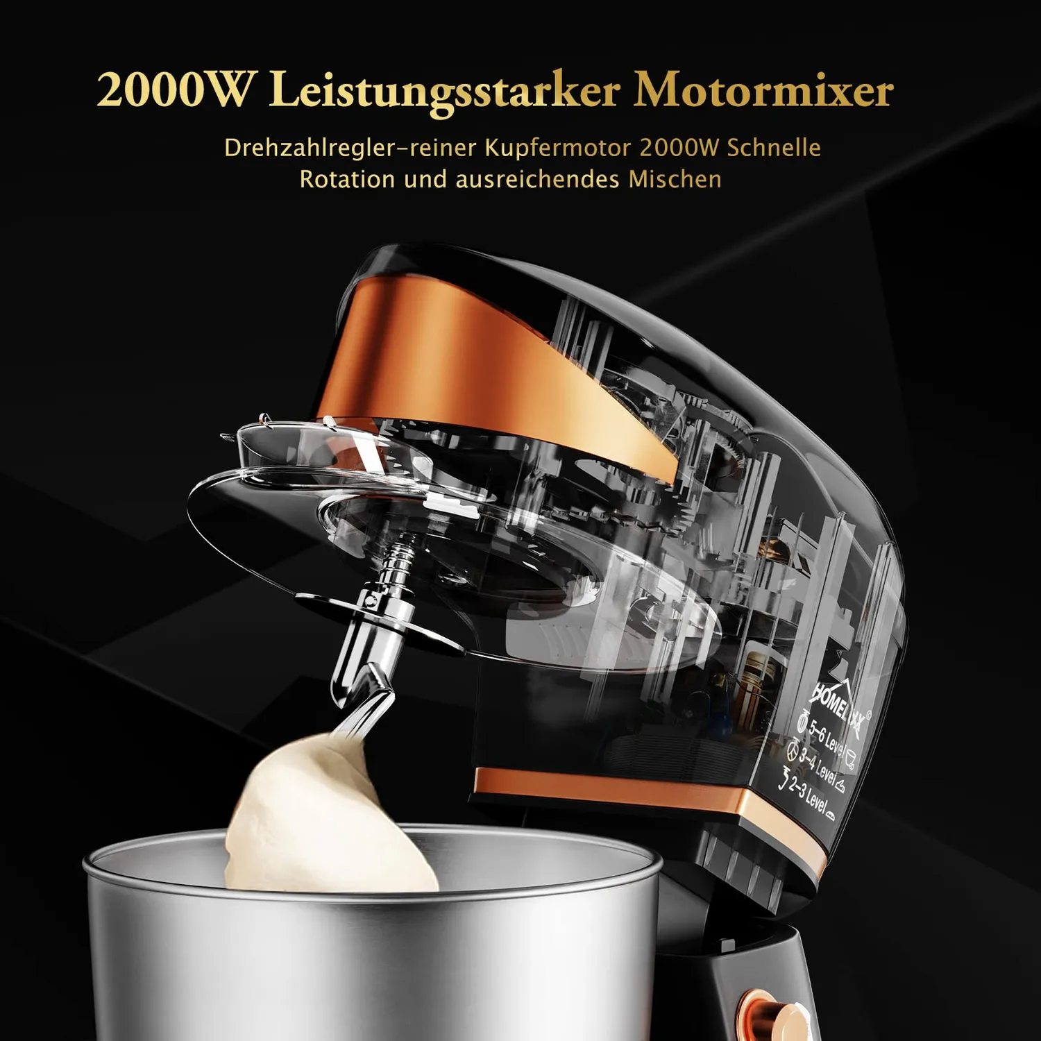 Homelux SC-206 Küchenmaschine Schwarz-Gold 5 l 2000 W