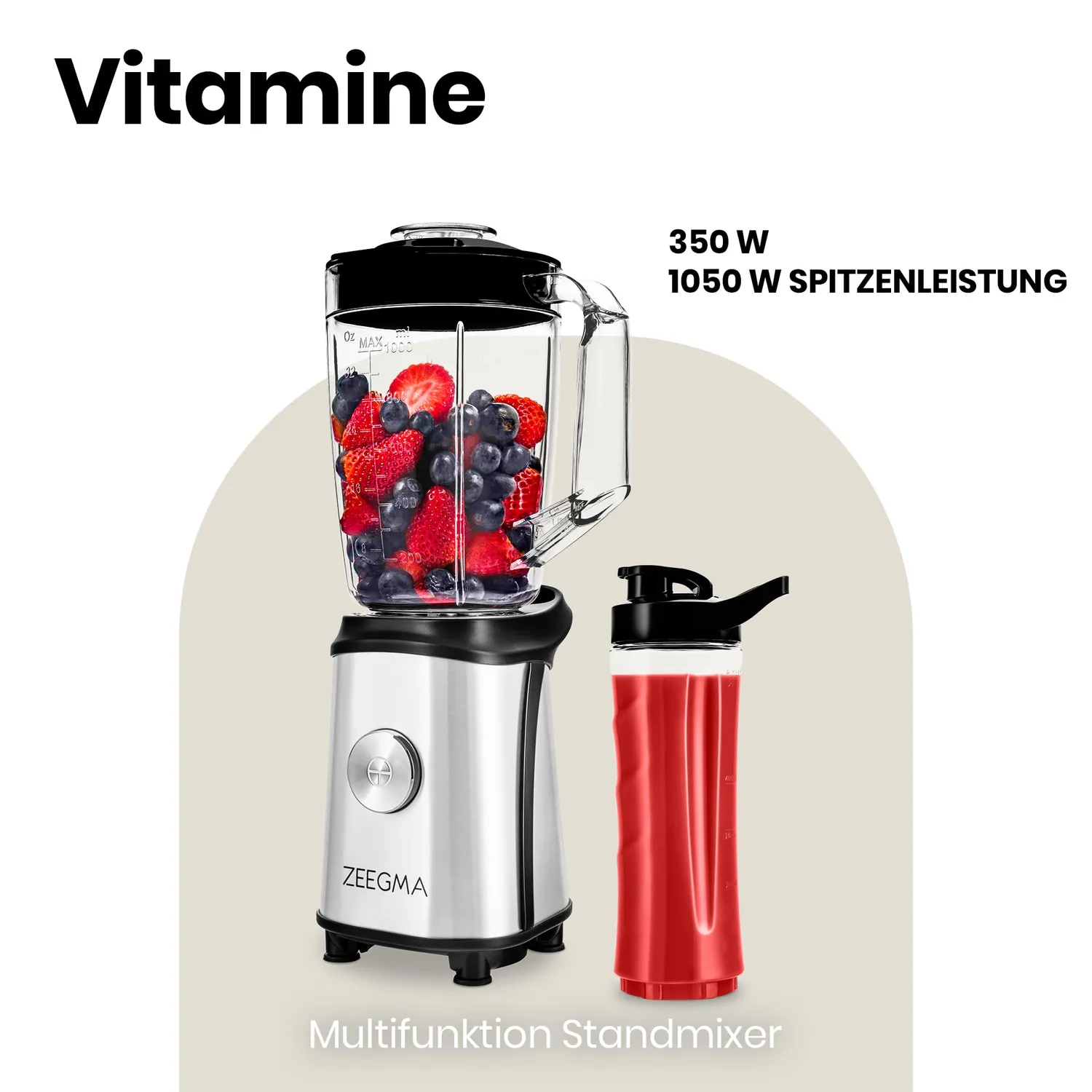 Zeegma Vitamine 4-in-1 Standmixer 1050W 1L mit Trinkflaschen