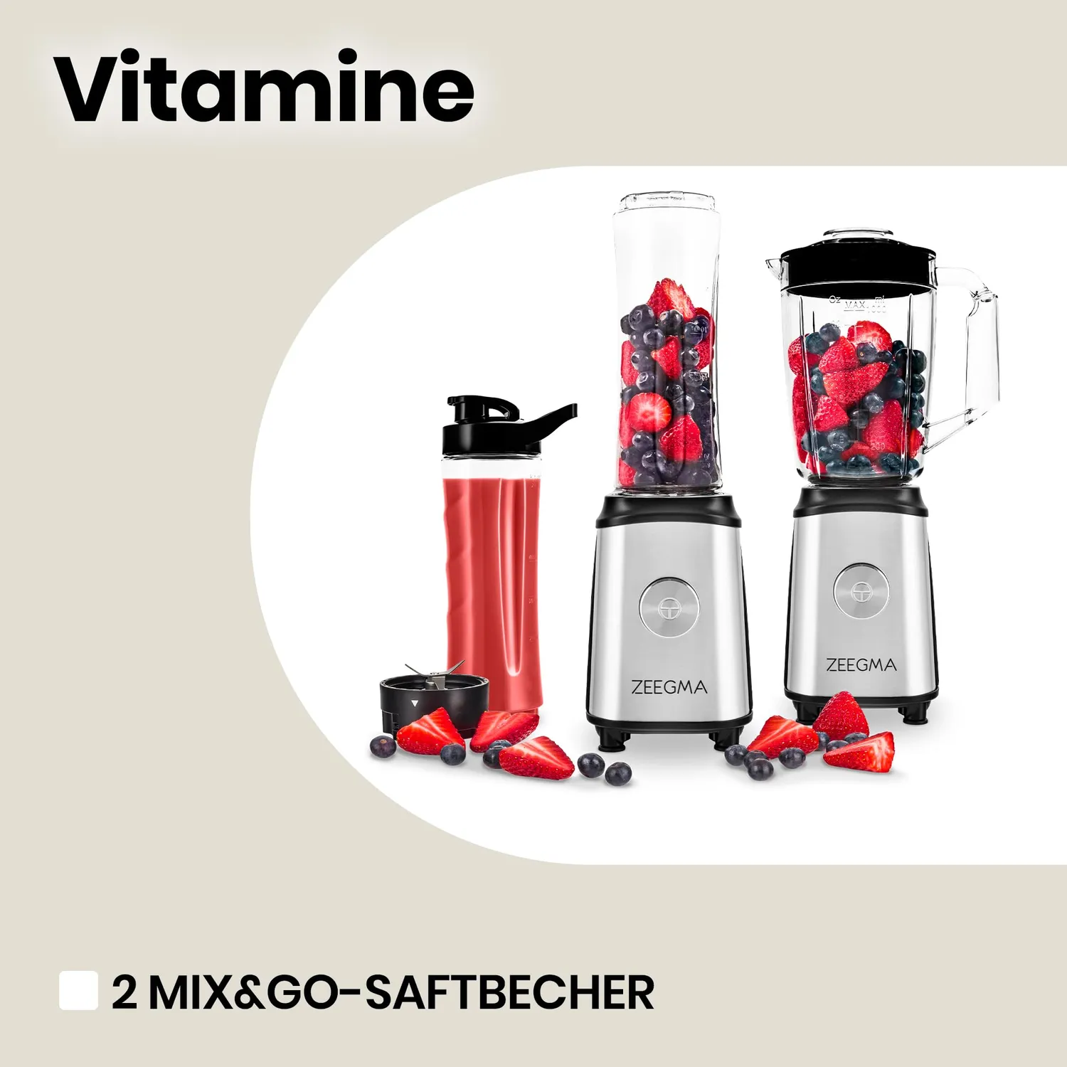 Zeegma Vitamine 4-in-1 Standmixer 1050W 1L mit Trinkflaschen