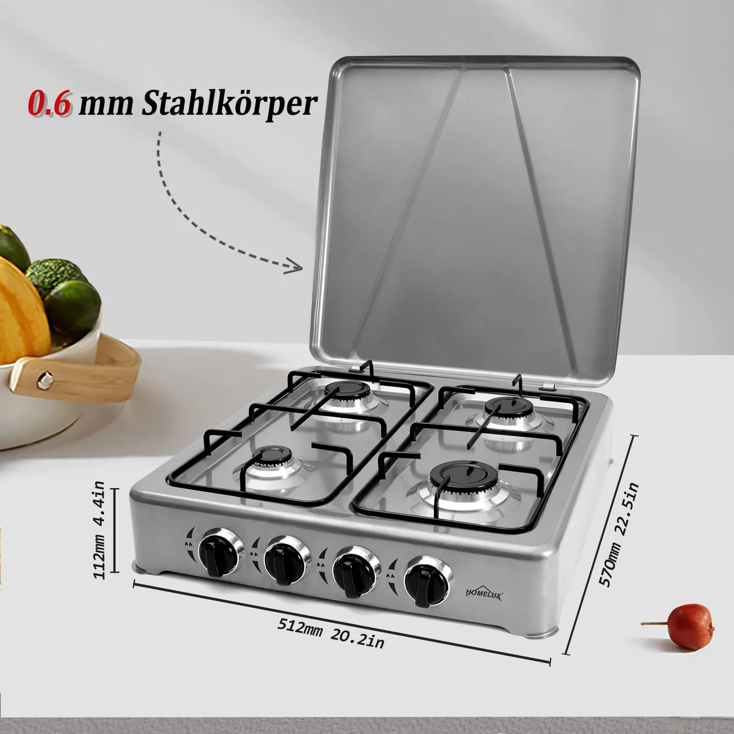 Homelux Gaskocher 6,2 kW 4-flammig Silber mit Deckel Outdoor