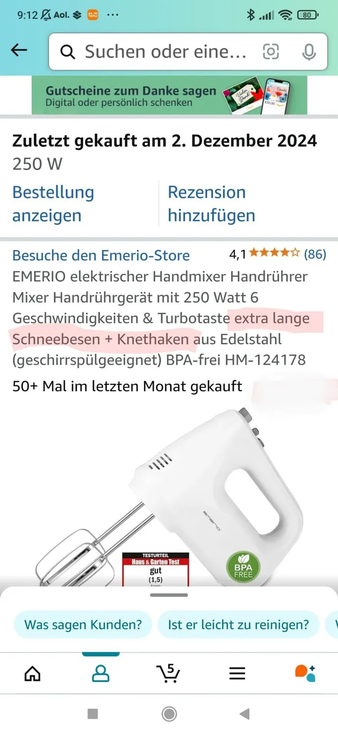 Emerio HM-124178 Handmixer 250W 6-Stufen mit Turbo
