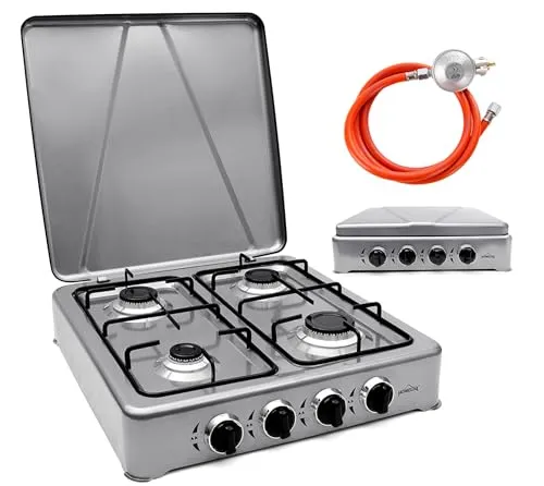 Homelux Gaskocher 6,2 kW 4-flammig Grau mit Deckel 52x49 cm