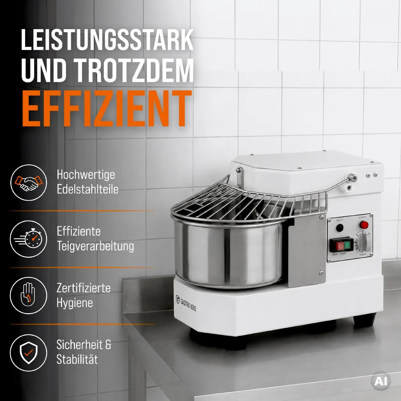 GastroHero TKM-ECO8 Teigknetmaschine 8L Weiß fester Kopf
