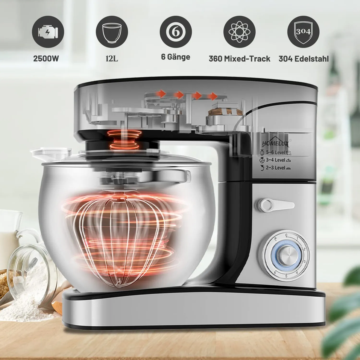 HOMELUX Küchenmaschine 2500W 12 L Edelstahl 6-stufig