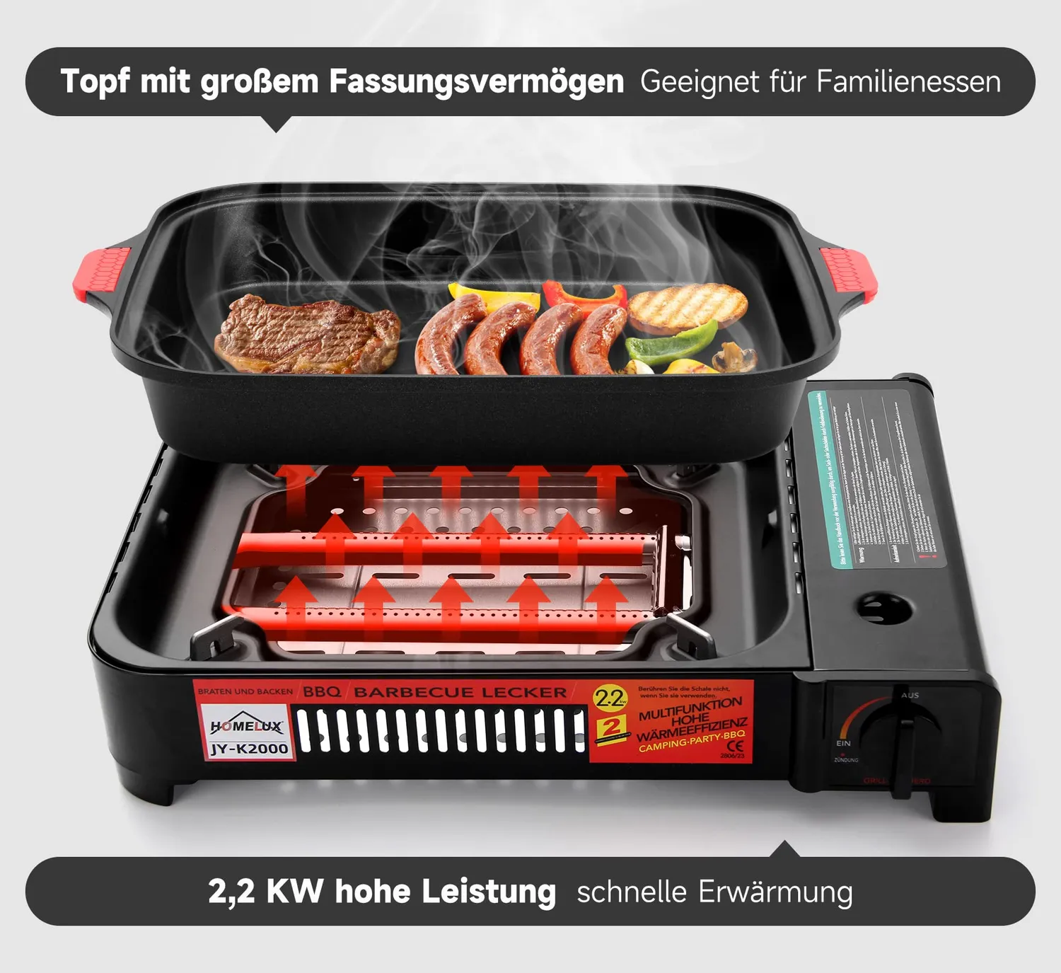 HOMELUX Camping Gasgrill 2,2kW mit Grillpfanne Glasdeckel
