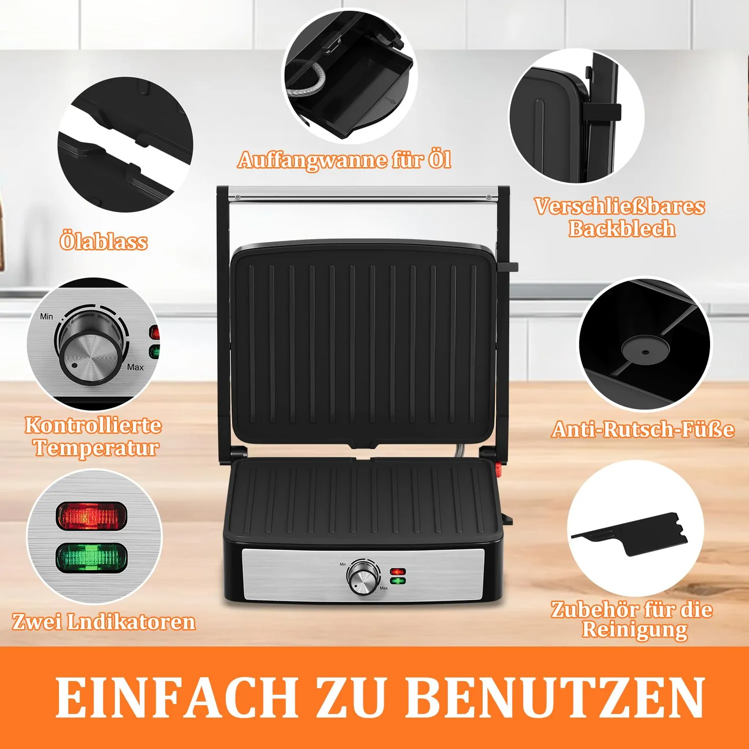 HOMELUX Kontaktgrill 2200W Tischgrill 180° Antihaft
