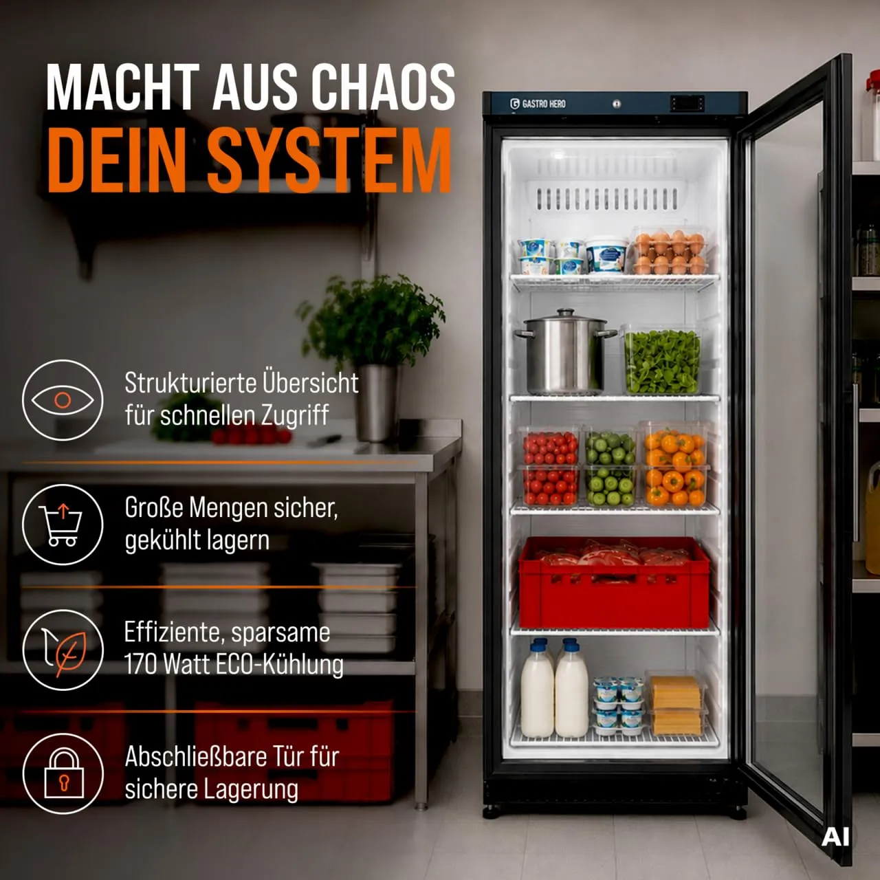 GastroHero ECO LKSE400BG Lagerkühlschrank 336 L Glastür
