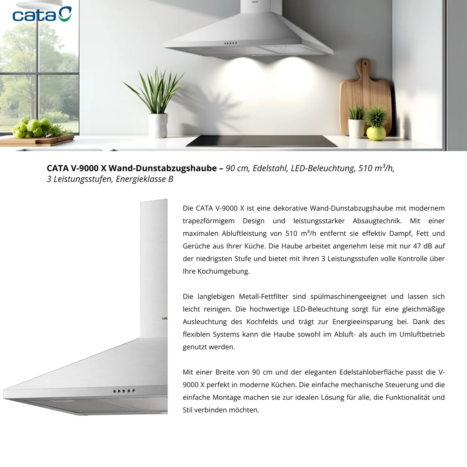 Cata V 9000 X Dunstabzugshaube 90 cm Edelstahl B