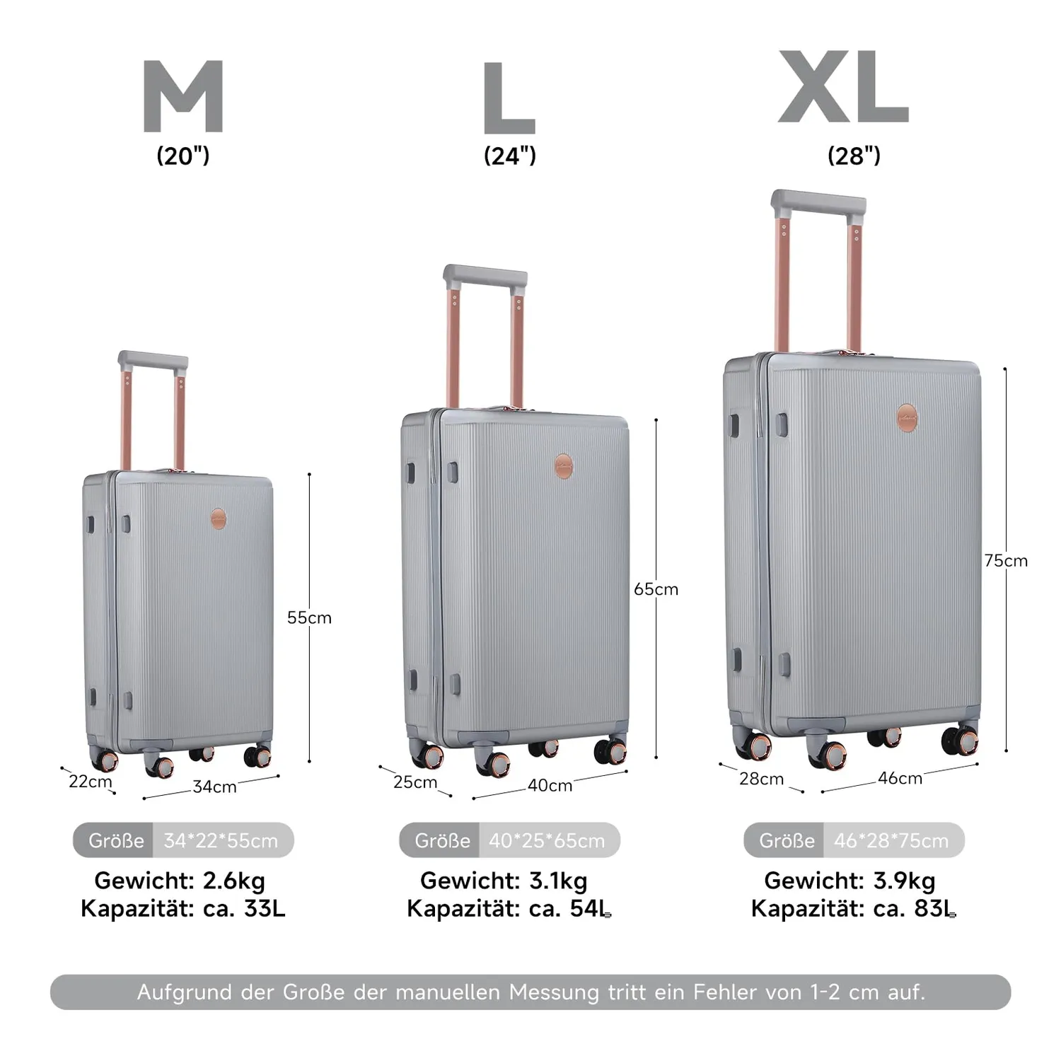 HOMELUX Kofferset 3-teilig Silber M-L-XL Hartschale