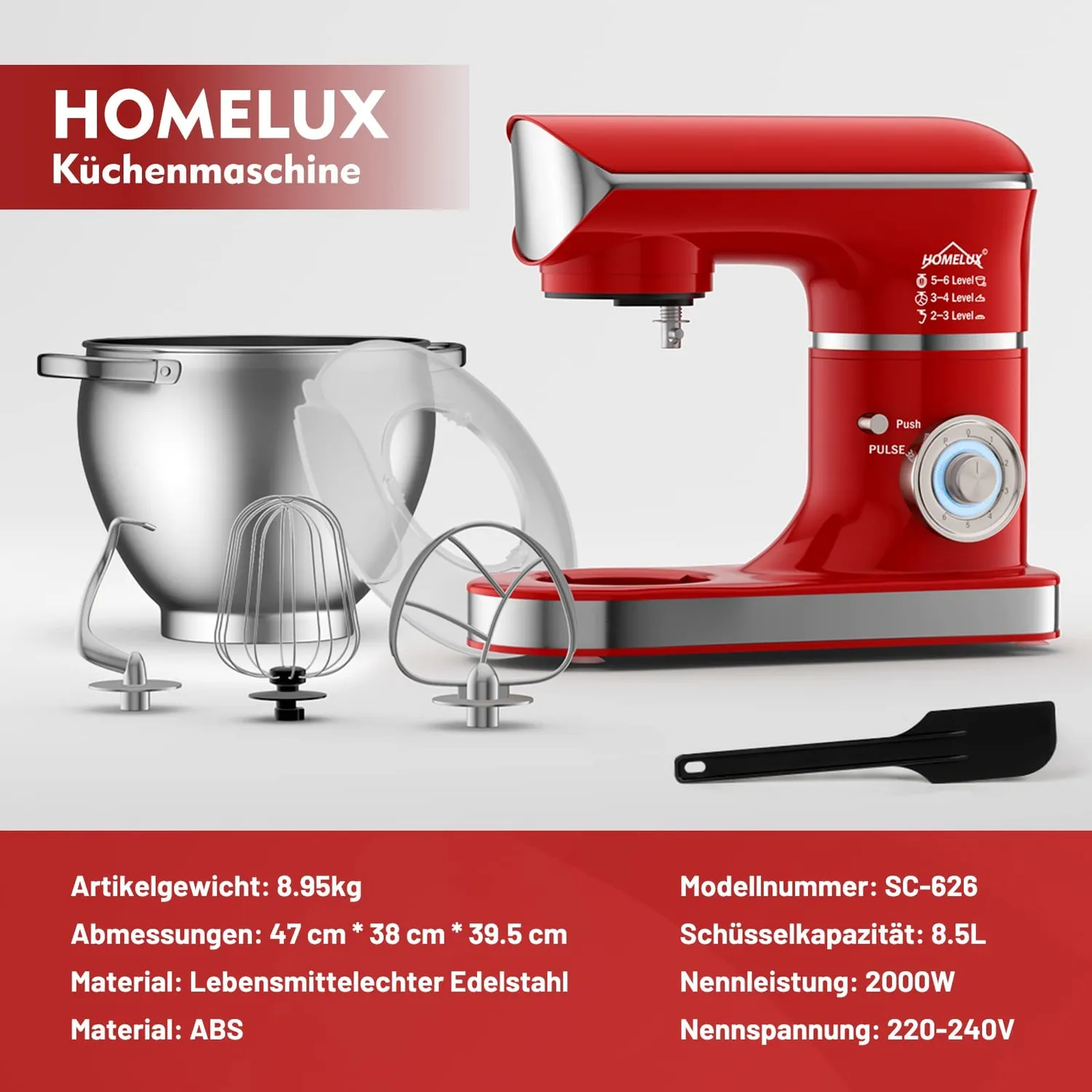 Homelux 626 Red Küchenmaschine 8,5 L 2000 W