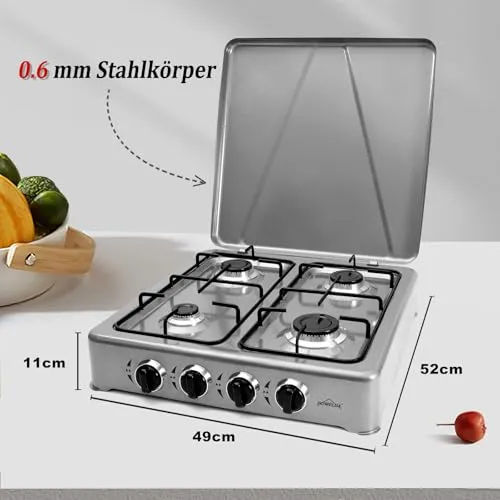 Homelux Gaskocher 6,2 kW 4-flammig Grau mit Deckel 52x49 cm