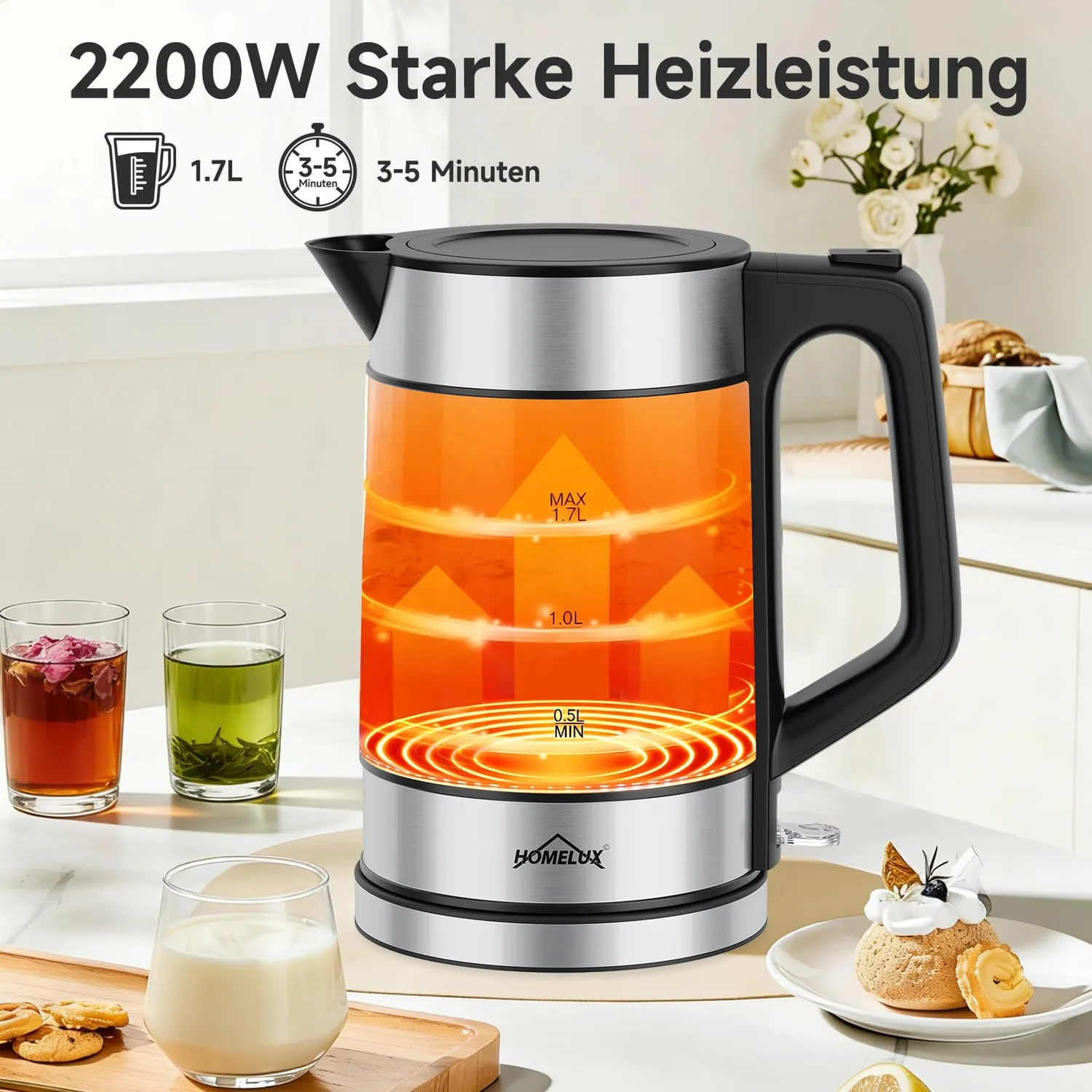 HOMELUX Wasserkocher Glas 1,7L mit LED-Beleuchtung