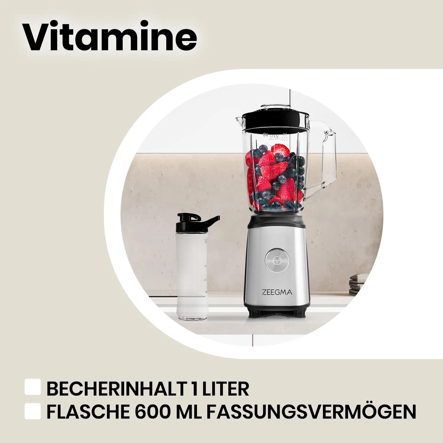 Zeegma Vitamine 4-in-1 Standmixer 1050W 1L mit Trinkflaschen