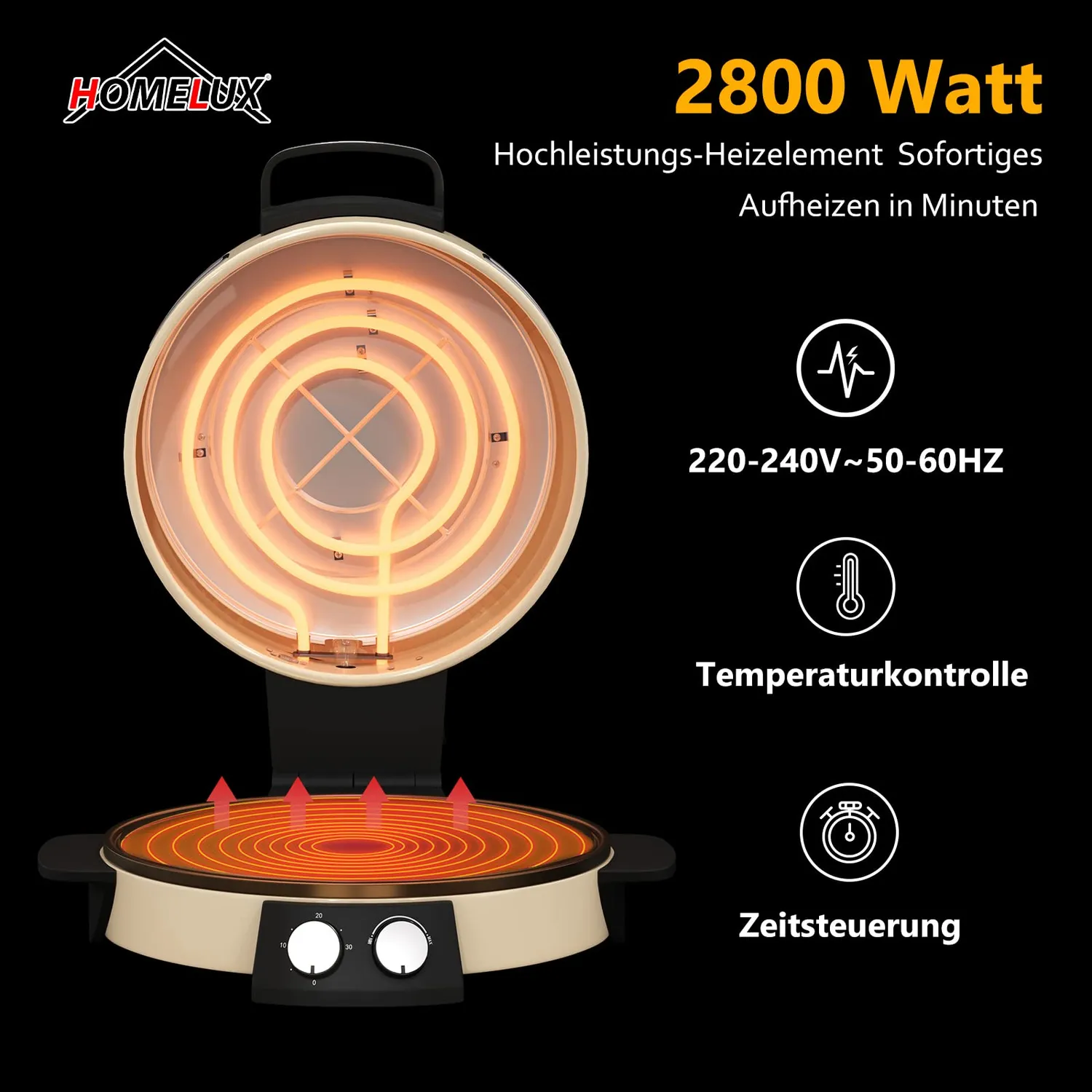HOMELUX Pizzaofen 2800W Elektro Steinofen 40cm 400°C