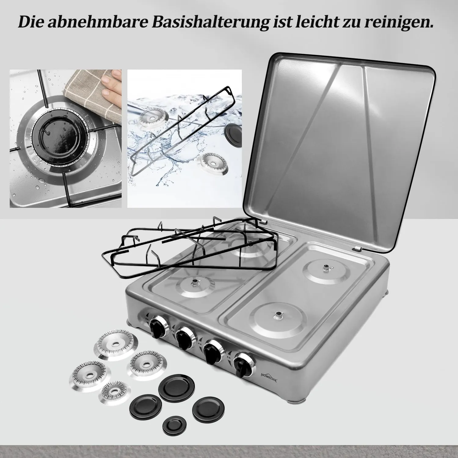 Homelux Gaskocher 6,2 kW 4-flammig Grau mit Deckel 52x49 cm