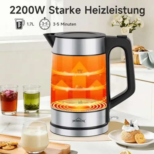 HOMELUX Wasserkocher Glas 1,7L mit LED-Beleuchtung
