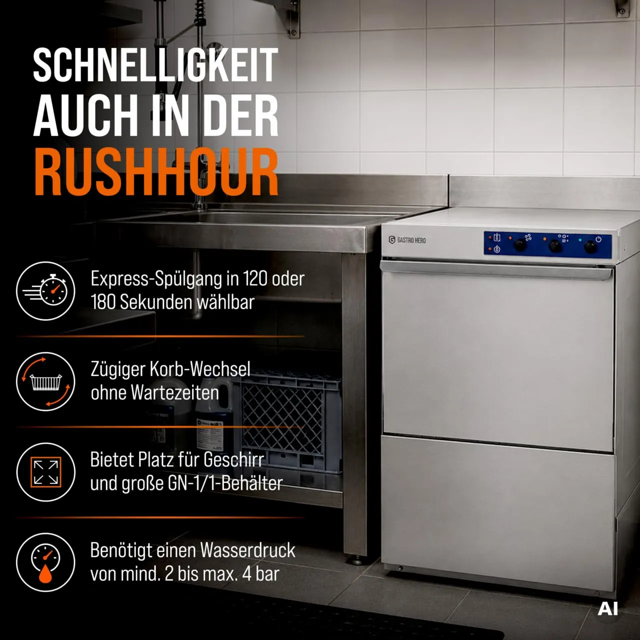 GastroHero GSME54SL Geschirrspülmaschine 50x50 Edelstahl