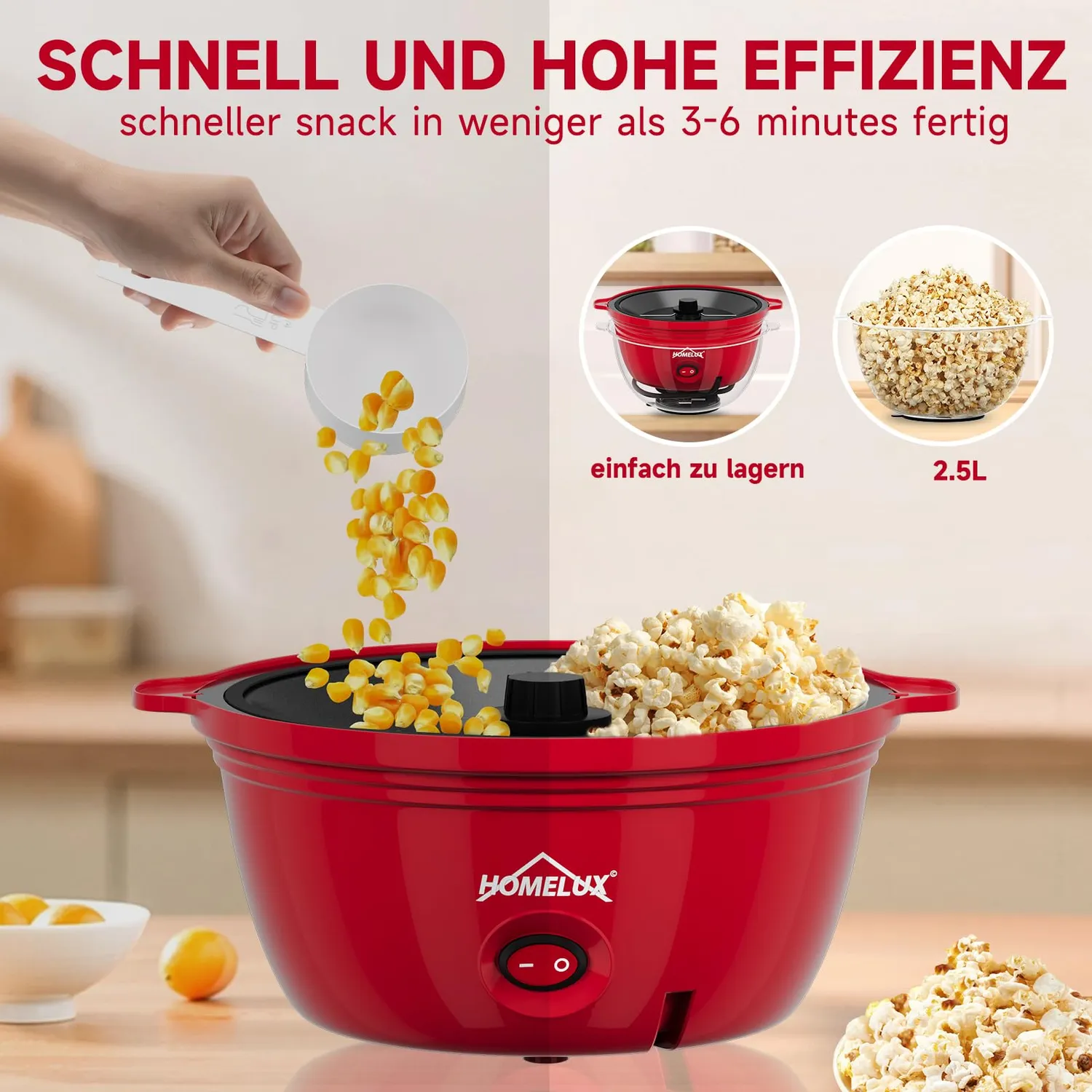 HOMELUX Mini Popcornmaschine 450W 2,5L Antihaft mit Messlöffel