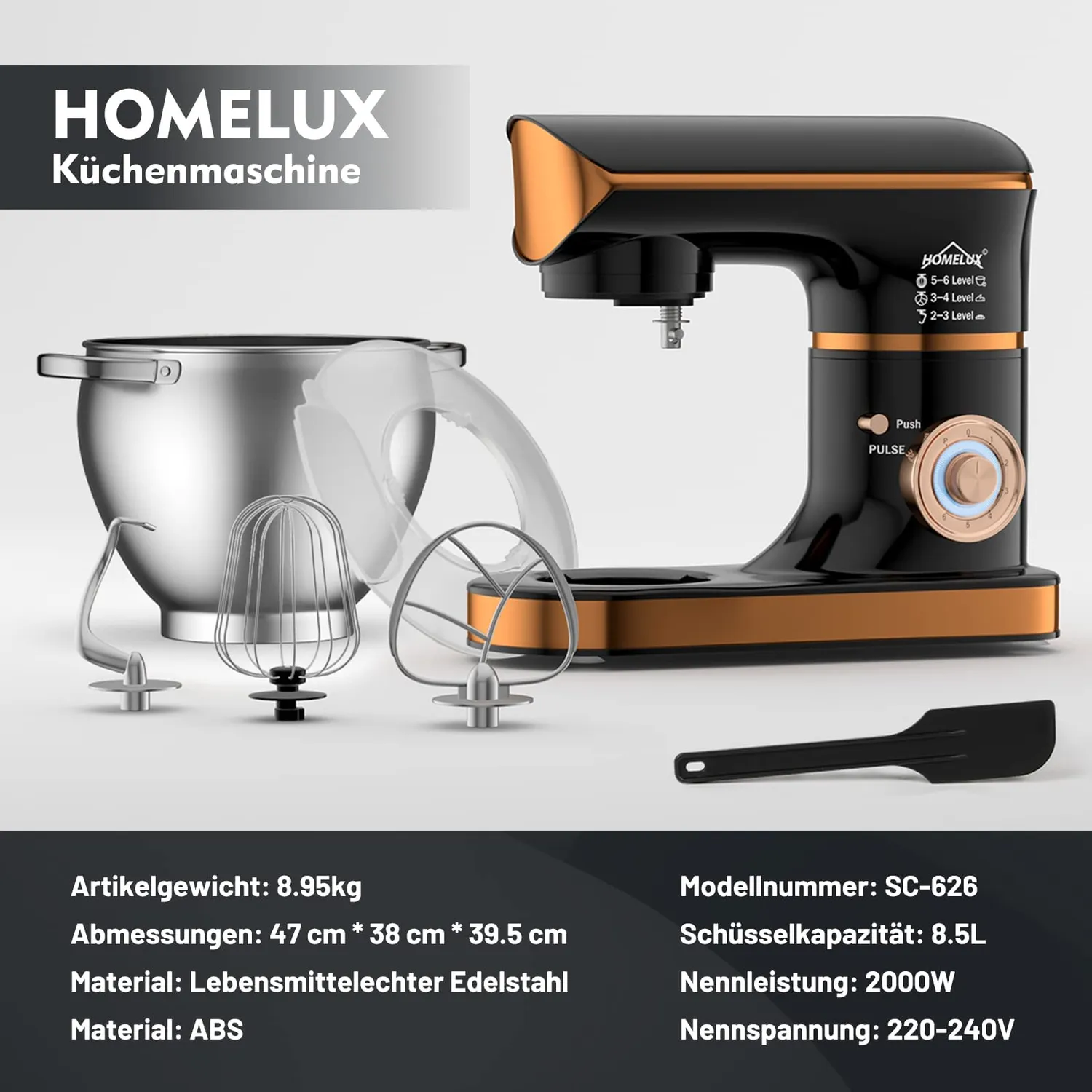 HOMELUX Küchenmaschine 626 Black 8,5L 2000W 6-stufig
