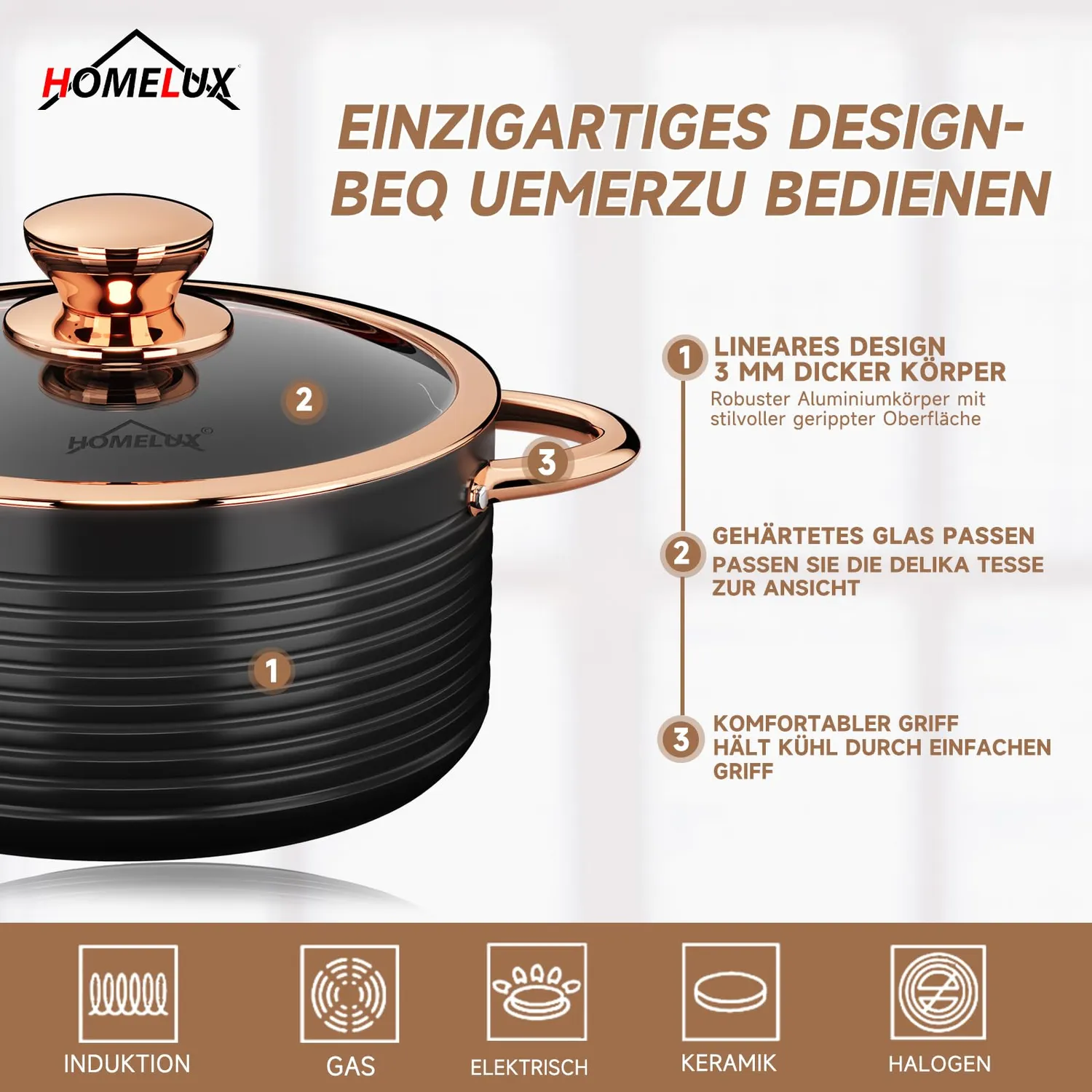 HOMELUX Topfset 10tlg Induktion Keramik Roségold