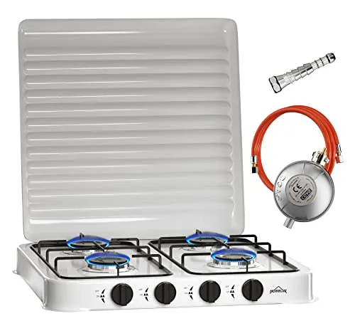 HOMELUX Campingkocher 4-flammig Gaskocher 6,2kW weiß mit Schlauch